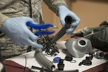 EIELSON AIR FORCE BASE, Alaska – U.S. Air Force Senior Airman Garrett Bryden, a 4th Operations Support Squadron aircrew flight equipment technician assigned to Seymour Johnson Air Force Base, N.C., puts together an oxygen mask May 4, 2017, during NORTHERN EDGE 2017 (NE17), at Eielson Air Force Base, Alaska. NE17 is Alaska’s premier joint training exercise designed to practice operations, techniques and procedures as well as enhance interoperability among the services. Thousands of participants from all the services, Airmen, Soldiers, Sailors, Marines and Coast Guardsmen from active duty, Reserve and National Guard units are involved. (U.S. Air Force photo/Staff Sgt. Ashley Nicole Taylor)