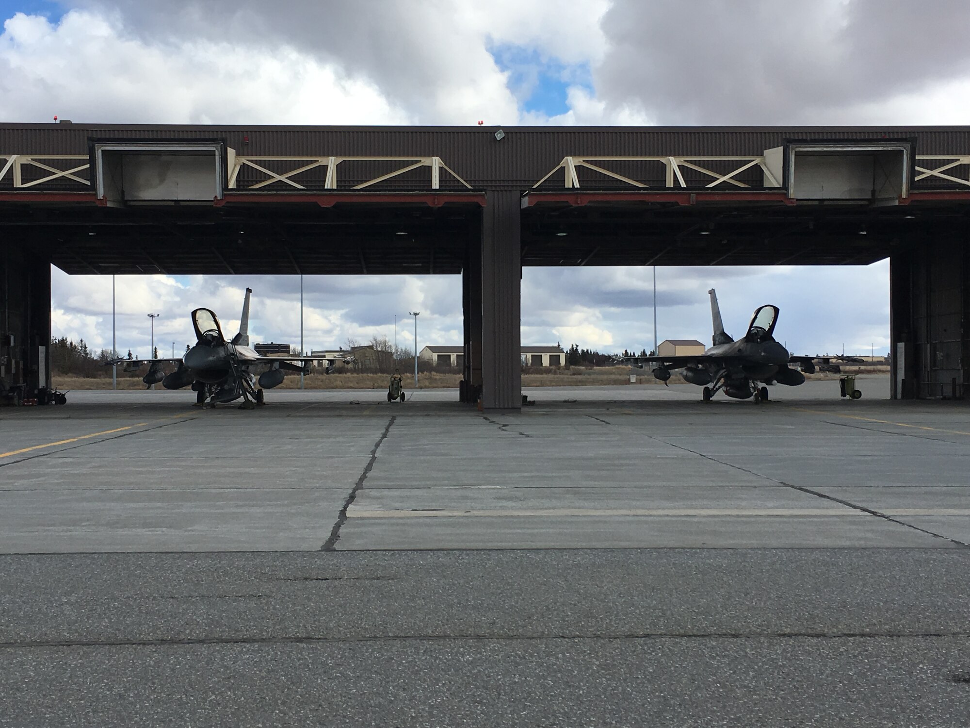 Capt. Mark Jaszczak and Lt. Col. Christopher Moellers, F-16 Fighting Falcons wait for fuel at King Salmon airfield April 27, 2017. The jets were diverted to King Salmon the pilots discovered engine troubles. (courtesy photo)