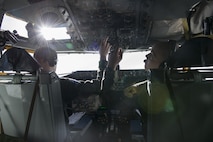 EIELSON AIR FORCE BASE, Alaska – U.S. Air Force Capt. Ryan Singleton and Capt. Justin Munger, both assigned to the 909th Air Refueling Squadron, Kadena Air Base, Japan, check controls of a KC-135T Stratotanker from Fairchild Air Force Base, Wash., May 9, 2017, during NORTHERN EDGE 2017 (NE17), over the Joint Pacific-Alaska Range Complex. NE17 is Alaska’s premier joint training exercise designed to practice operations, techniques and procedures as well as enhance interoperability among the services. Thousands of participants from all the services, Airmen, Soldiers, Sailors, Marines and Coast Guardsmen from active duty, Reserve and National Guard units are involved. (U.S. Air Force photo/Staff Sgt. Ashley Nicole Taylor)