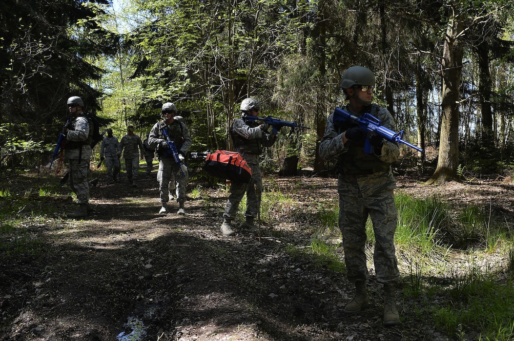 Airmen from various Air National Guard units participate in an exercise hosted by the 435th Construction and Training Squadron on Ramstein Air Base, Germany, May 10, 2017. The 435th CTS conducts Silver Flag training multiple times a year, which aims to enhance the Air Force’s contingency response readiness. (U.S. Air Force photo by Airman 1st Class Joshua Magbanua)