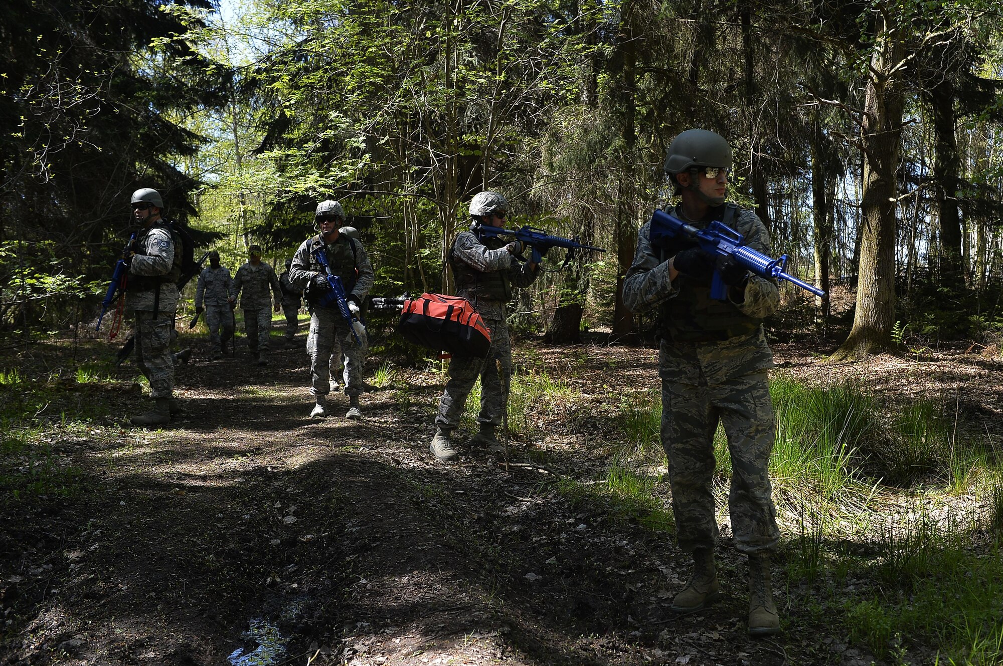 Airmen from various Air National Guard units participate in an exercise hosted by the 435th Construction and Training Squadron on Ramstein Air Base, Germany, May 10, 2017. The 435th CTS conducts Silver Flag training multiple times a year, which aims to enhance the Air Force’s contingency response readiness. (U.S. Air Force photo by Airman 1st Class Joshua Magbanua)