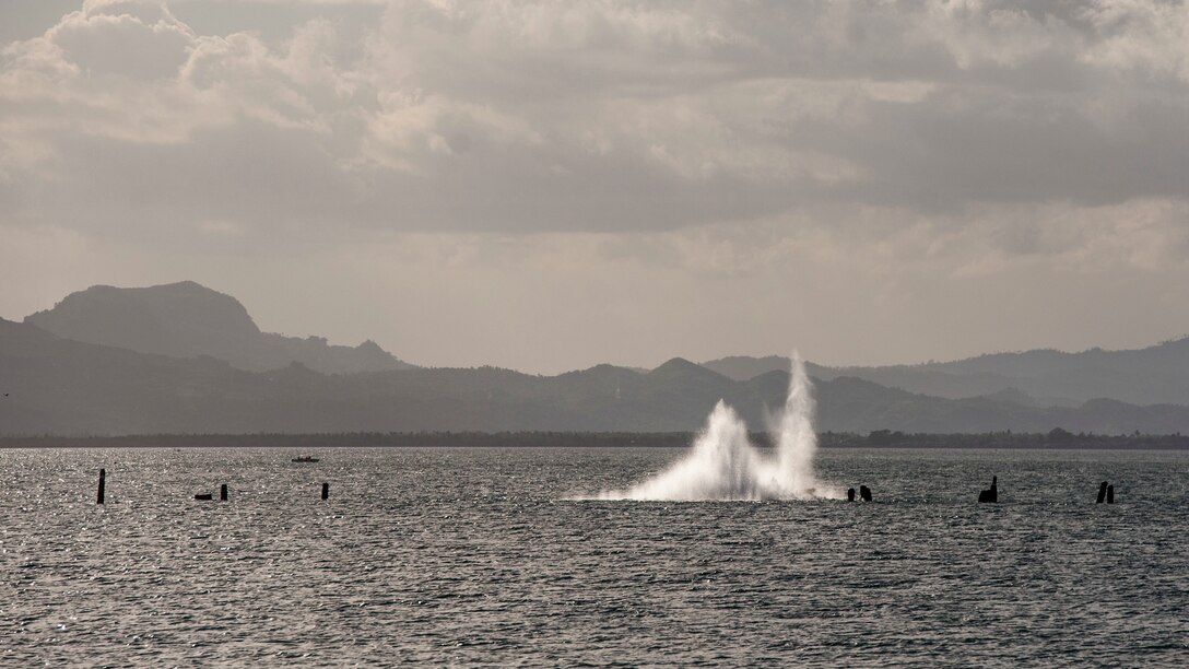 Philippine and U.S. service members detonate explosives during an underwater construction demolition dive in support of Balikatan 2017 at Ipil Port in Ormoc City, Leyte, May 10, 2017. The demolition training prepares the U.S. military and Armed Forces of the Philippines to clear debris in ports and open up supply lines for victims of natural disasters and crises. Underwater demolition can help Philippine and U.S. forces provide humanitarian assistance and disaster relief operations from the sea to remote areas of the Philippines. 