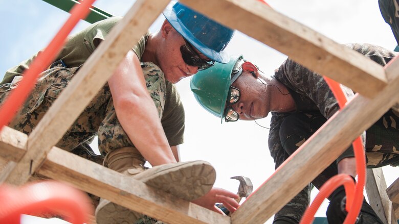 U.S. Marine Lance Cpl. Eli Schmidt, left, and Pvt. Ibarra Dalurio install electrical-wire casing in a new school classroom during Balikatan 2017 in Ormoc City, Leyte, April 29, 2017. Philippine service members and U.S. military engineers worked together to build new classrooms at Don Carlos Elementary School in Ormoc City. The increased interoperability between the U.S. military and Armed Forces of the Philippines will enhance readiness of humanitarian assistance and disaster relief capabilities. Balikatan is an annual U.S.-Philippine military bilateral exercise focused on a variety of missions, including humanitarian assistance and disaster relief, counterterrorism and other combined military operations. (U.S. Navy photo by Mass Communication Specialist 2nd Class Markus Castaneda)