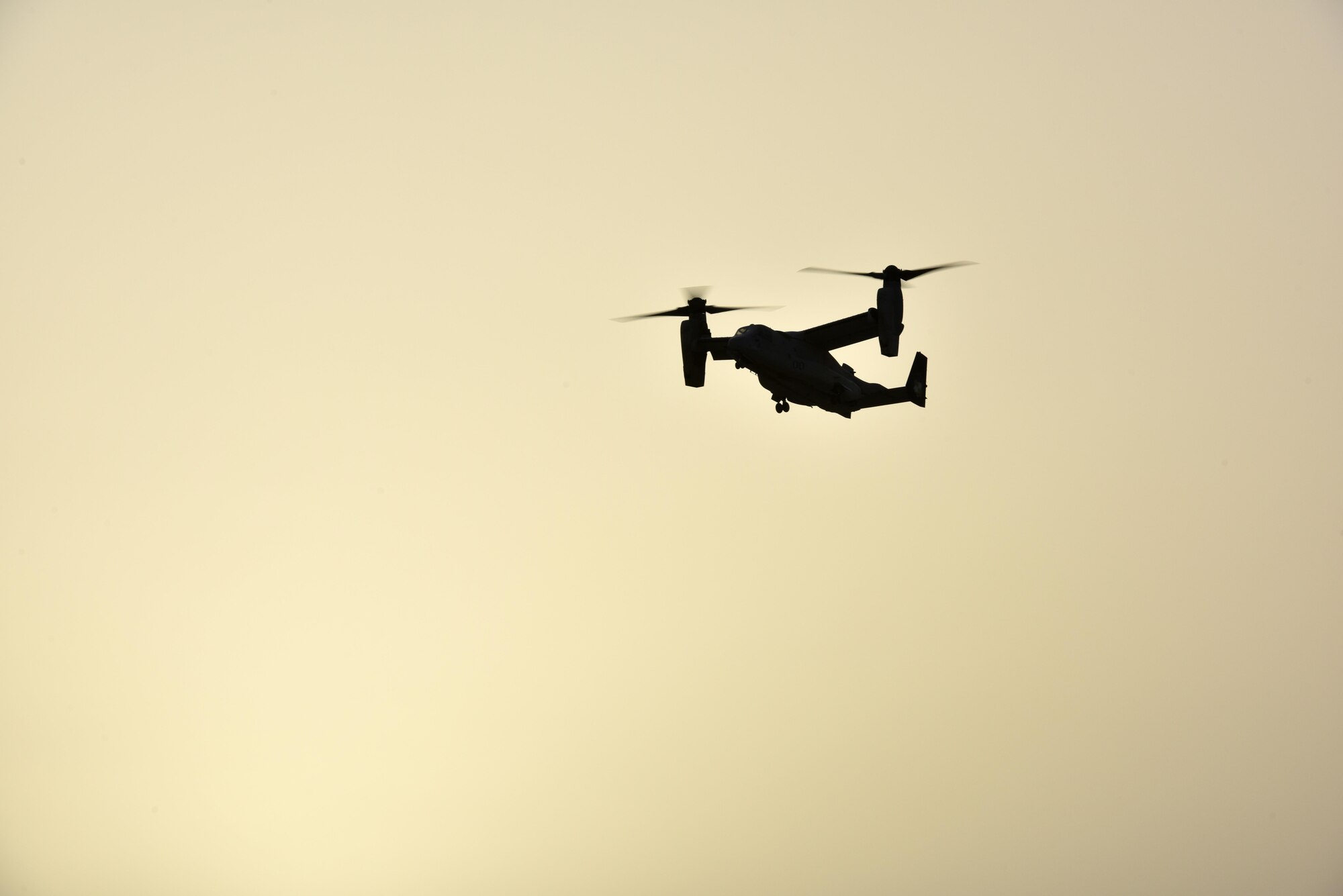 A U.S. Marine Corps MV-22A Osprey assigned to Marine Tiltrotor Squadron 364, approaches an airfield in Southwest Asia May 8, 2017. The Osprey is an assault transport for troops, equipment and supplies, and is capable of operating from ships or from airfields. Osprey crews currently support the Special Purpose Marine Air-Ground Task Force-Crisis Response-Central Command, which is collocated with the 407th Air Expeditionary Group and coalition partners working together to support Operation Inherent Resolve in the fight against ISIS. (U.S. Air Force photo by Senior Airman Ramon A. Adelan) 