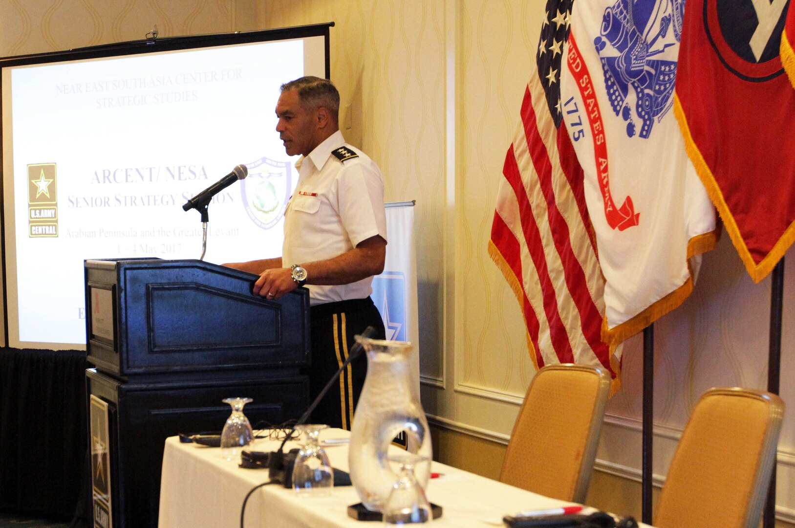 Lt. Gen. Michael Garrett, commanding general, U.S. Army Central, gives the opening remarks to the 2017 Senior Strategy Session in Tyson’s Corner, Va., May 2, 2017. In his remarks, Garrett spoke on the importance of drawing from the lessons learned at the symposium to help USARCENT and its partner nations find solutions to their mutual security concerns.