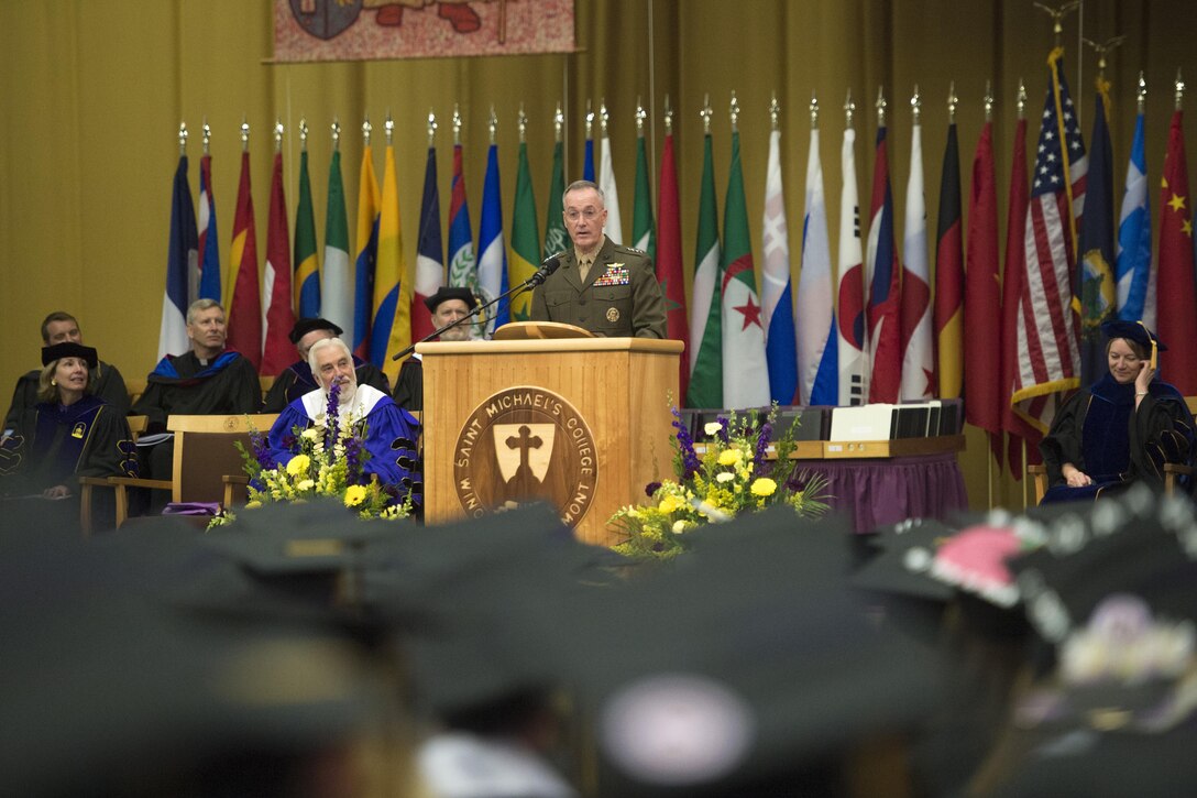 Marine Corps Gen. Joe Dunford, chairman of the Joint Chiefs of Staff, addresses graduates of Saint Michael's College class of 2017 during the school's 110th commencement in Colchester, Vt. May 14, 2017. Dunford graduated from Saint Michael's College in 1977 and has maintained close ties with the college over the years. DoD photo by Navy Petty Officer 2nd Class Dominique A. Pineiro