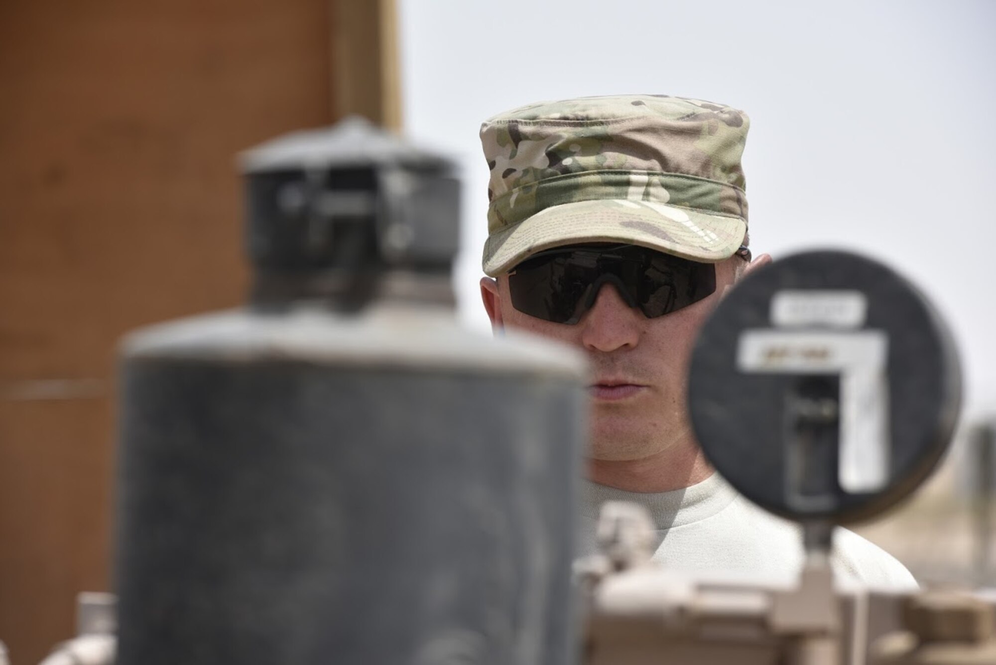 Staff Sgt. Kevin Gordon, 407th Expeditionary Logistic Readiness Squadron petroleum, oil and lubricants flight fuels facilities manager, starts a fuel pump when receiving a shipment May 10, 2017, in Southwest Asia. Fuel technicians maintain all POL substances, from diesel and gasoline to jet fuel and liquid oxygen. These materials play a vital role in delivering airpower to the fight against ISIS as part of Operation Inherent Resolve. The team here at the 407th Air Expeditionary Group supplies U.S. Marine Corps, Italian Air Force and Polish Air Force. (U.S. Air Force photo by Senior Airman Ramon A. Adelan)