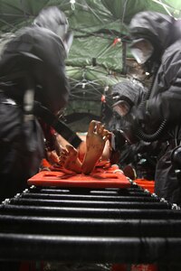 U.S. Army Reserve Soldiers from Madison, Wisconsin, based 409th Area Support Medical Company and 414th Chemical Company based in Orangeburg, South Carolina, work together to complete a mass casualty decontamination exercise May 8, 2017 at Muscatatuck Urban Training Center, Indiana. Nearly 4,100 Soldiers from across the country are participating in Guardian Response 17, a multi-component training exercise to validate U.S. Army units' ability to support the Defense Support of Civil Authorities (DSCA) in the event of a Chemical, Biological, Radiological, and Nuclear (CBRN) catastrophe. (U.S. Army Reserve photo by Sgt. Crystal Milton)