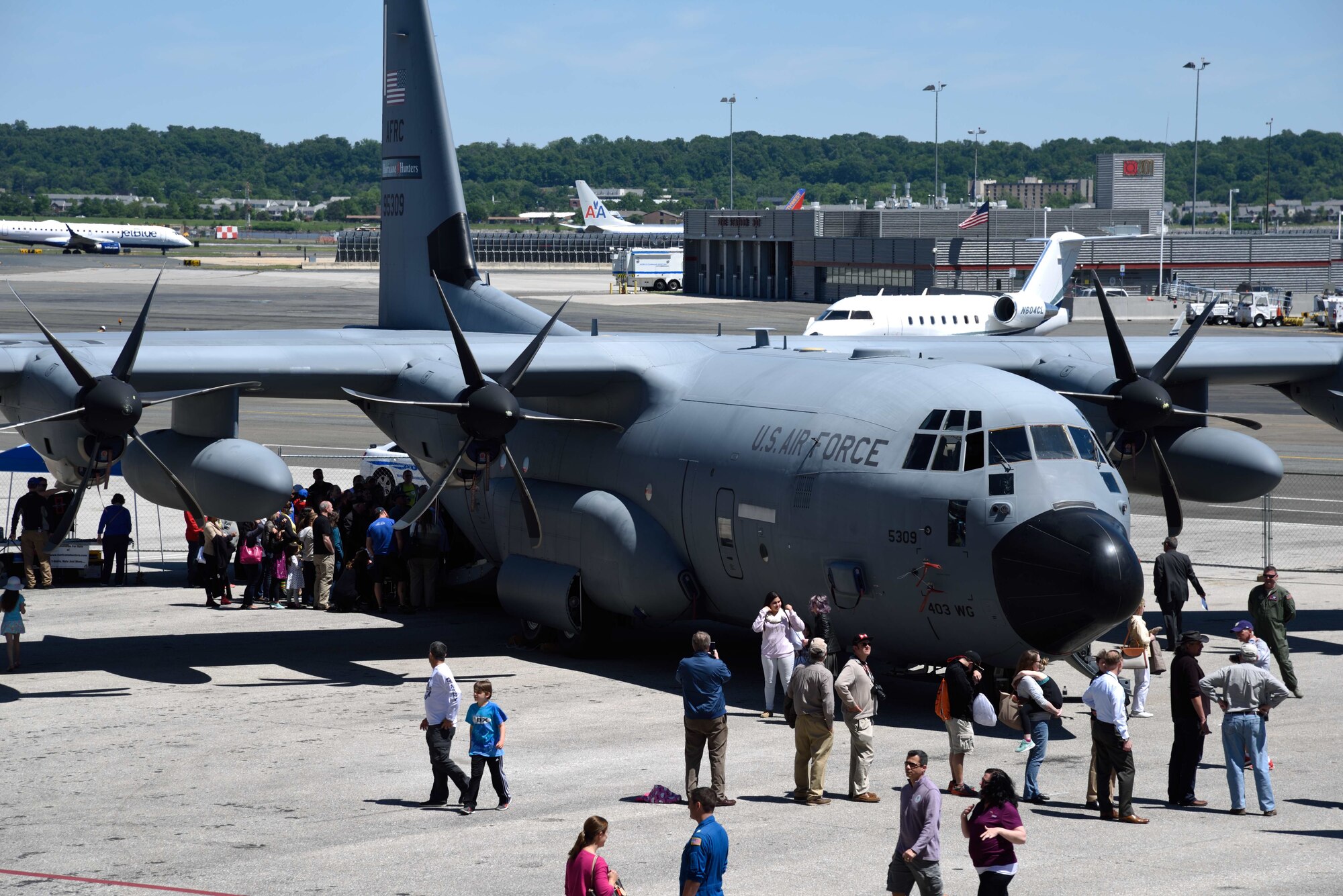 Members of the public view a WC-130J Hercules aircraft from the 53rd Weather Reconnaissance Squadron “Hurricane Hunters” in Arlington, Virginia, during the 2017 Hurricane Awareness Tour May 9, 2017. The purpose of the tour, which ran from May 6-12, 2017, was to focus attention on the approaching hurricane season and on protecting communities through preparedness and awareness. (U.S. Air Force photo/Tech. Sgt. Ryan Labadens)