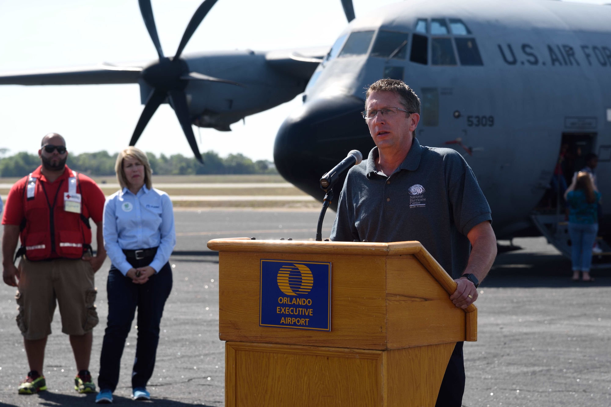 Dr. Rick Knabb, National Hurricane Center director, addresses media at a press conference in Orlando, Florida, during the 2017 Hurricane Awareness Tour May 11, 2017. The purpose of the tour, which ran from May 6-12, 2017, was to focus attention on the approaching hurricane season and on protecting communities through preparedness and awareness. (U.S. Air Force photo/Tech. Sgt. Ryan Labadens)