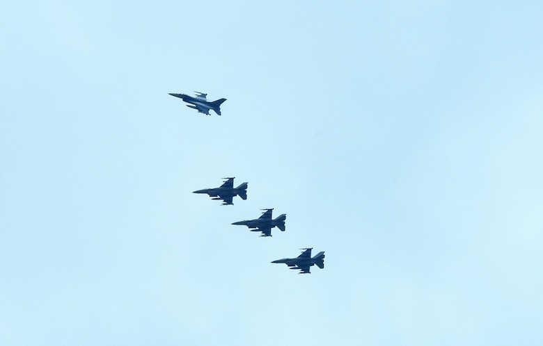 On his final flight, Maj. Gen. Richard Scobee, Tenth Air Force commander, breaks away from an F-16 formation as they fly over Naval Air Station Fort Worth Joint Reserve Base, Texas, May 10, 2017. After his change of command next week, Scobee will become the vice commander, Air Force Reserve Command, Robins Air Force Base, Ga. (U.S. Air Force photo by Ms. Julie Briden-Garcia)