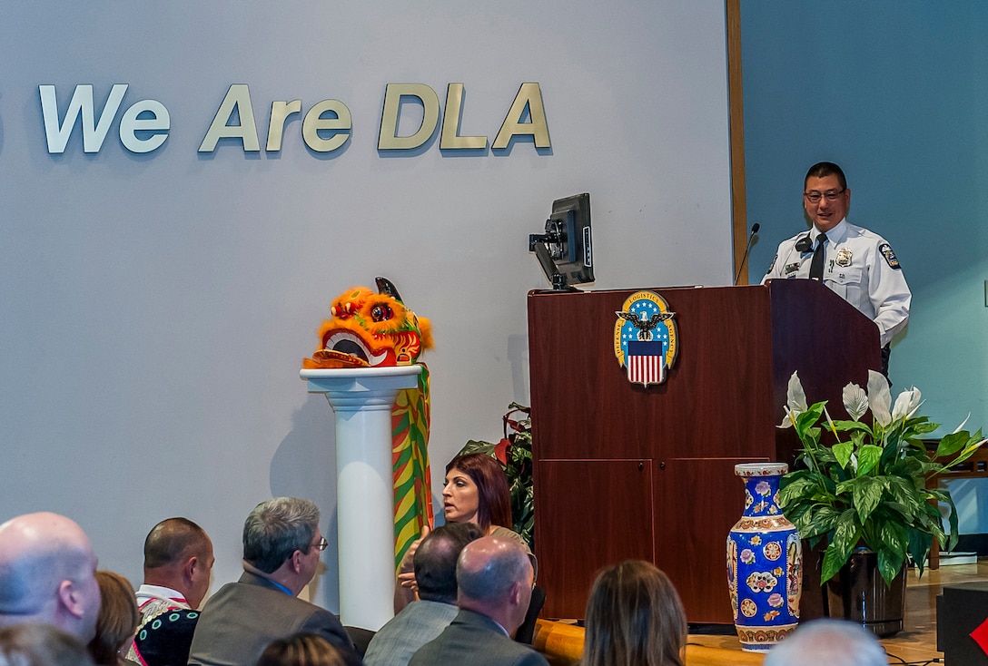 Columbus Police Officer Edward Chung speaks to the Defense Federal Community inside the DLA Land and Maritime Operations Center during Defense Supply Center Columbus’ annual Asian American Pacific Islander (AAPI) Month celebration May 10. Chung’s presentation followed the event’s theme of “Unite Our Voices by Speaking Together.”