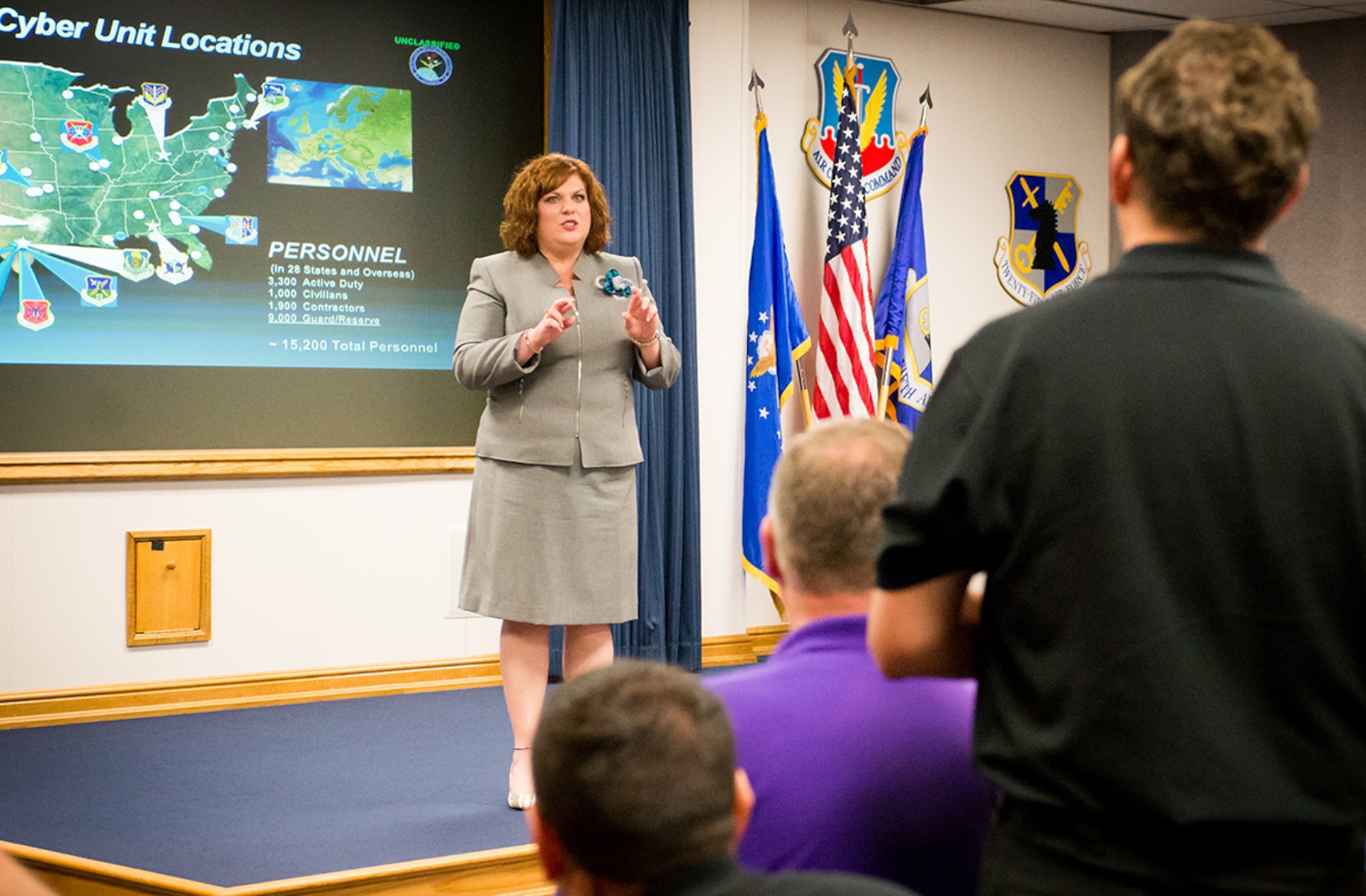 Sherri Hanson, executive director, 24th Air Force, speaks to Department of Defense's 2017 Executive Leadership Development Program participants at 25th Air Force Headquarters at Joint Base San Antonio-Lackland, Texas May 9. (U.S. Air Force Photo by Sharon Singleton)