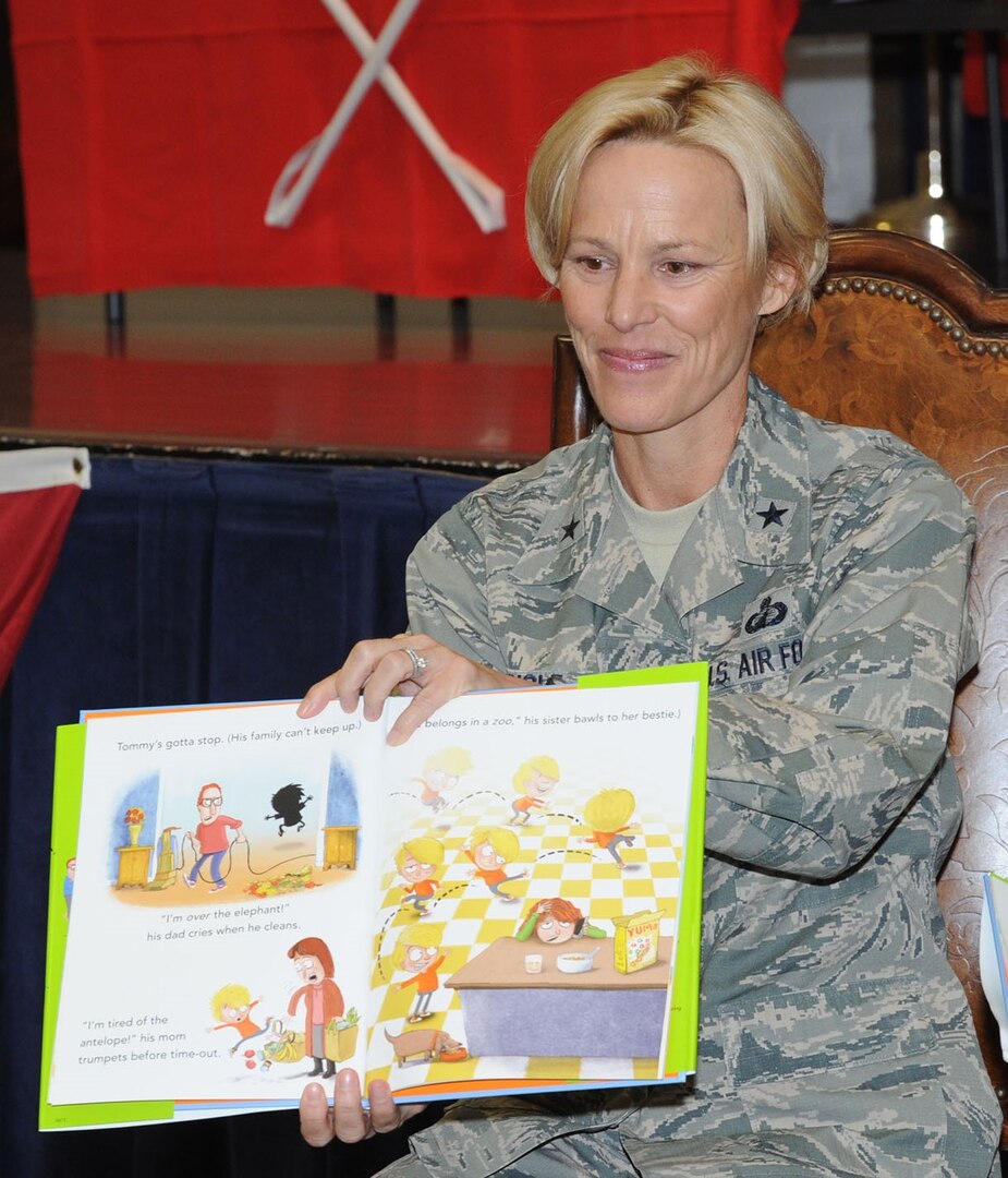 Brig. Gen. Heather L. Pringle, commander, 502nd Air Base Wing and Joint Base San Antonio, read “Tommy Can’t Stop!” by Tim Federle to the children at the Blue Star Families Books on Bases event at Joint Base San Antonio-Fort Sam Houston May 6.