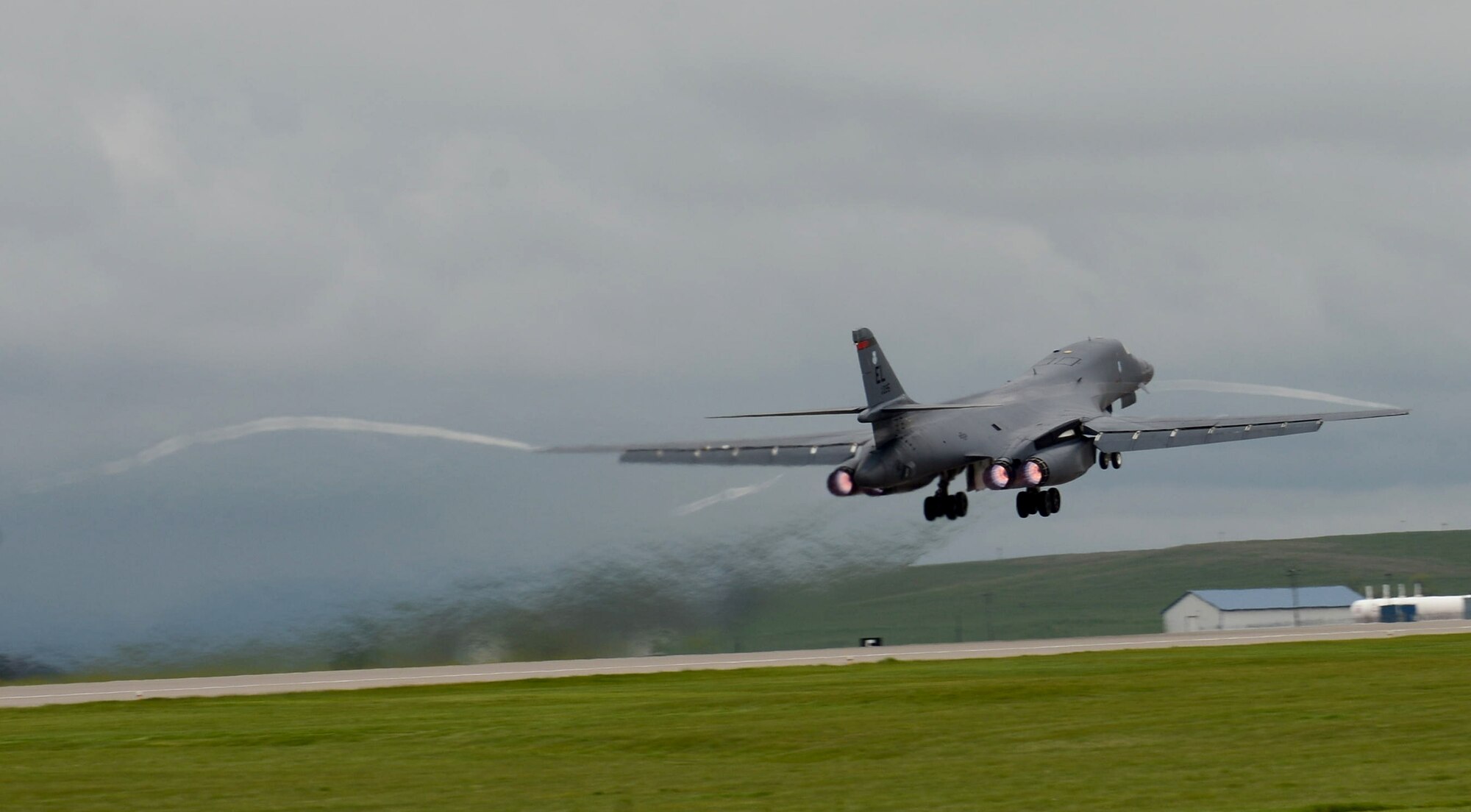 A B-1 bomber takes off as a part of the Combat Hammer exercise at Ellsworth Air Force Base, S.D., May 10, 2017. The exercise produced valuable data to combatant command planners and holistically tests the systems, procedures, and Airmen from the initial mission planning to find the final weapon employment phases. (U.S. Air Force photo by Airman 1st Class Donald C. Knechtel)