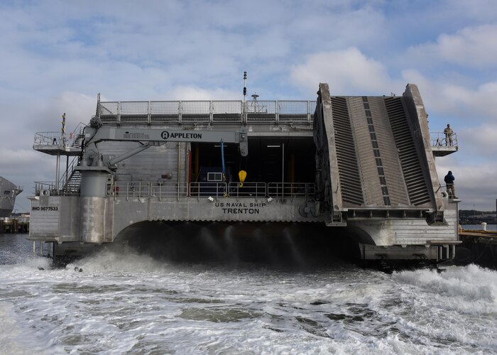 Military Sealift Command's expeditionary fast transport ship, USNS Trenton gets underway from Joint Expeditionary Base Little Creek-Fort Story in Virginia Beach, Va., Dec. 20, 2016. Trenton departed Virginia to begin its first forward deployment to support military operations in the U.S. Navy 6th Fleet's area of operations. Navy photo by Bill Mesta