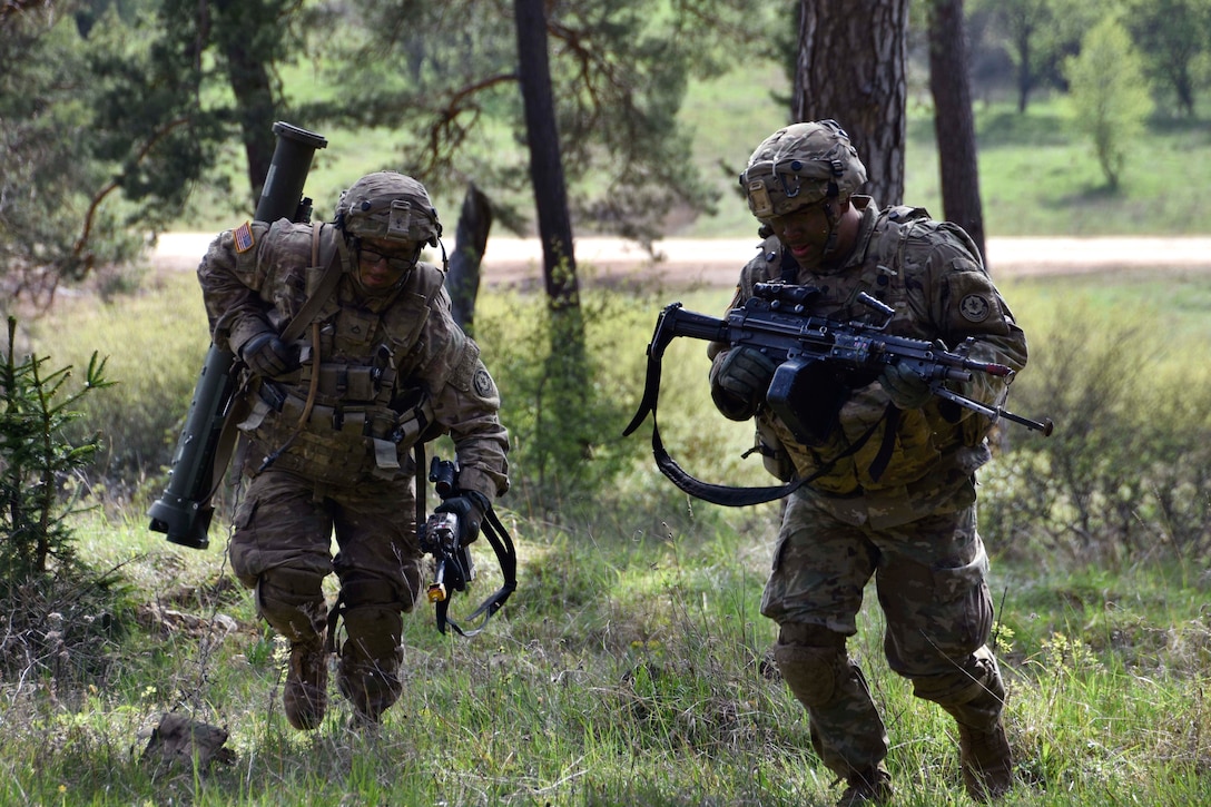 Soldiers advance to their next objective while conducting land operations during Saber Junction 17 at the Hohenfels Training Area, Germany, May 6, 2017. Army photo by Sgt. Devon Bistarkey