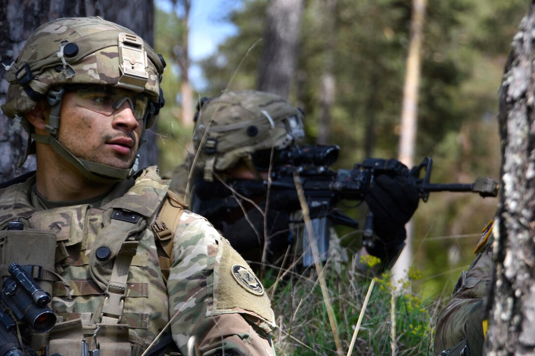 Soldiers provide security while conducting land operations during Saber Junction 17 at the Hohenfels Training Area, Germany, May 6, 2017. Army photo by Sgt. Devon Bistarkey