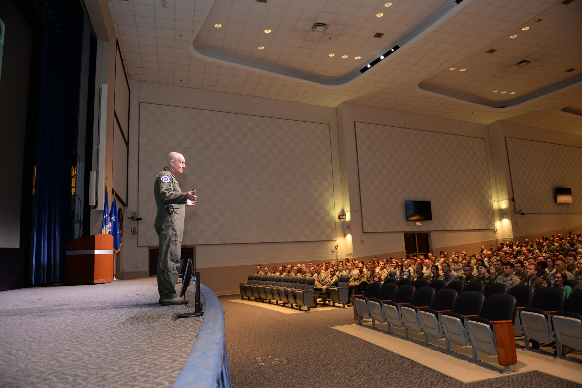 Maj. Gen. Garrett Harencak, Air Force Recruiting Service Commander, speaks to students of the Squadron Officer College on Maxwell Air Force Base, Ala., May 1, 2017. Harencak visits the SOC as often as possible to promote Airmen to tell their stories to those that may be interested in joining the Air Force. This is part of the We Are All Recruiters initiative Harencak is encouraging throughout the Air Force. (U.S. Air Force photo/Senior Airman Tammie Ramsouer)
