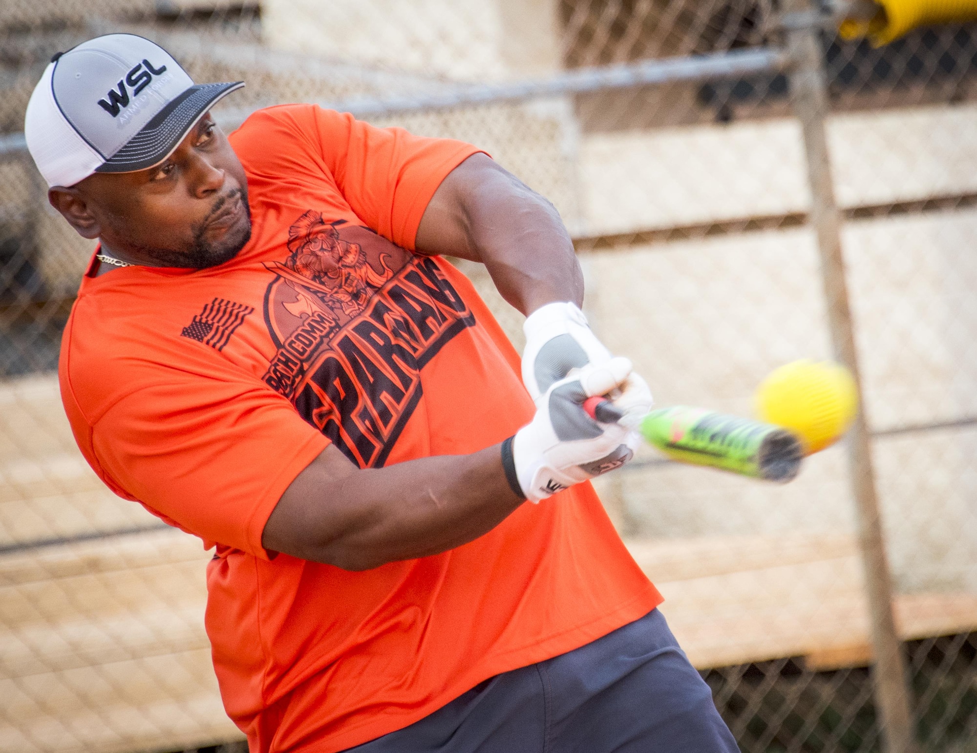 Will Collier, 96th Communications Squadron team, swings for the fences during his team’s intramural softball game against the 33rd Maintenance Group team at Eglin Air Force Base, Fla., May 11.  The CS team won easily over the MXG team during the opening week of the intramural softball season.  (U.S. Air Force photo/Samuel King Jr.)