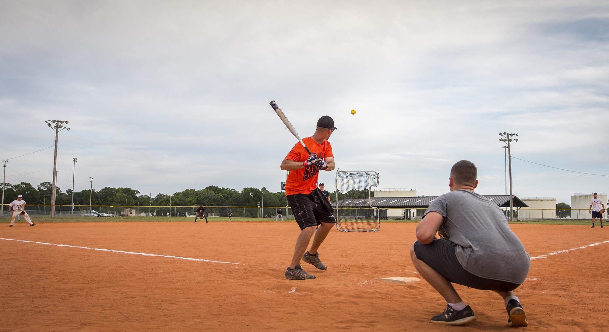 Dale Sowers, 96th Communications Squadron team, prepares to swing during his team’s intramural softball game against the 33rd Maintenance Group team at Eglin Air Force Base, Fla., May 11.  The CS team won easily over the MXG team during the opening week of the intramural softball season.  (U.S. Air Force photo/Samuel King Jr.)