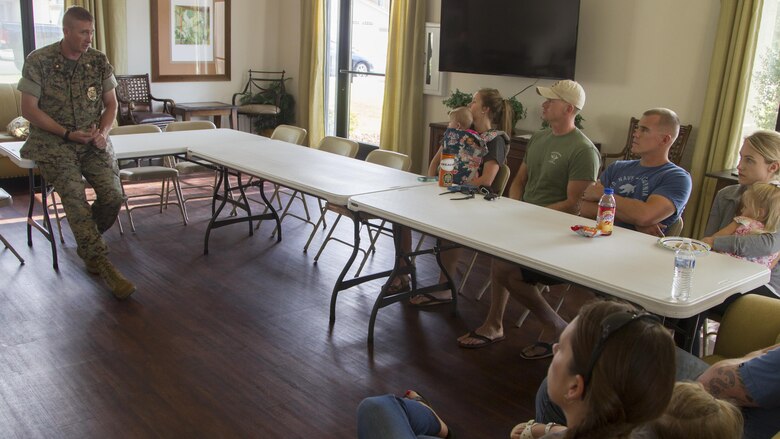 Maj. Daniel Lammers, Combat Center Provost Marshal, speaks with Combat Center residents during a safety forum at the Adobe District Clubhouse aboard Marine Corps Air Ground Combat Center, Twentynine Palms, Calif., May 9, 2017. (U.S. Marine Corps photo by Sgt. Connor Hancock)