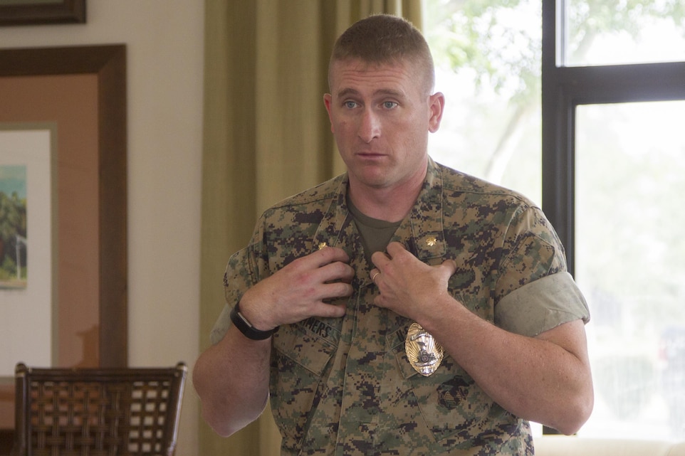 Maj. Daniel Lammers, Combat Center Provost Marshal, speaks with Combat Center residents during a safety forum at the Adobe District Clubhouse aboard Marine Corps Air Ground Combat Center, Twentynine Palms, Calif., May 9, 2017. (U.S. Marine Corps photo by Sgt. Connor Hancock)