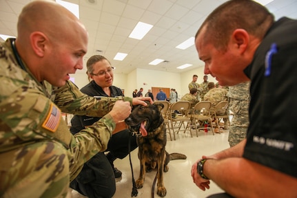 Capt. James Corrigan (left), an Army veterinarian, shows Pensacola Police Officer James Parsons how to check working dogs for signs of distress or trauma with the aid of Melissa Harris, a Pensacola Police K9-team handler and Kojo, a Pensacola Police working dog during a K9 Tactical Emergency Casualty Care course held May 6 at N.A.S. Corry Station in Pensacola, Fla.