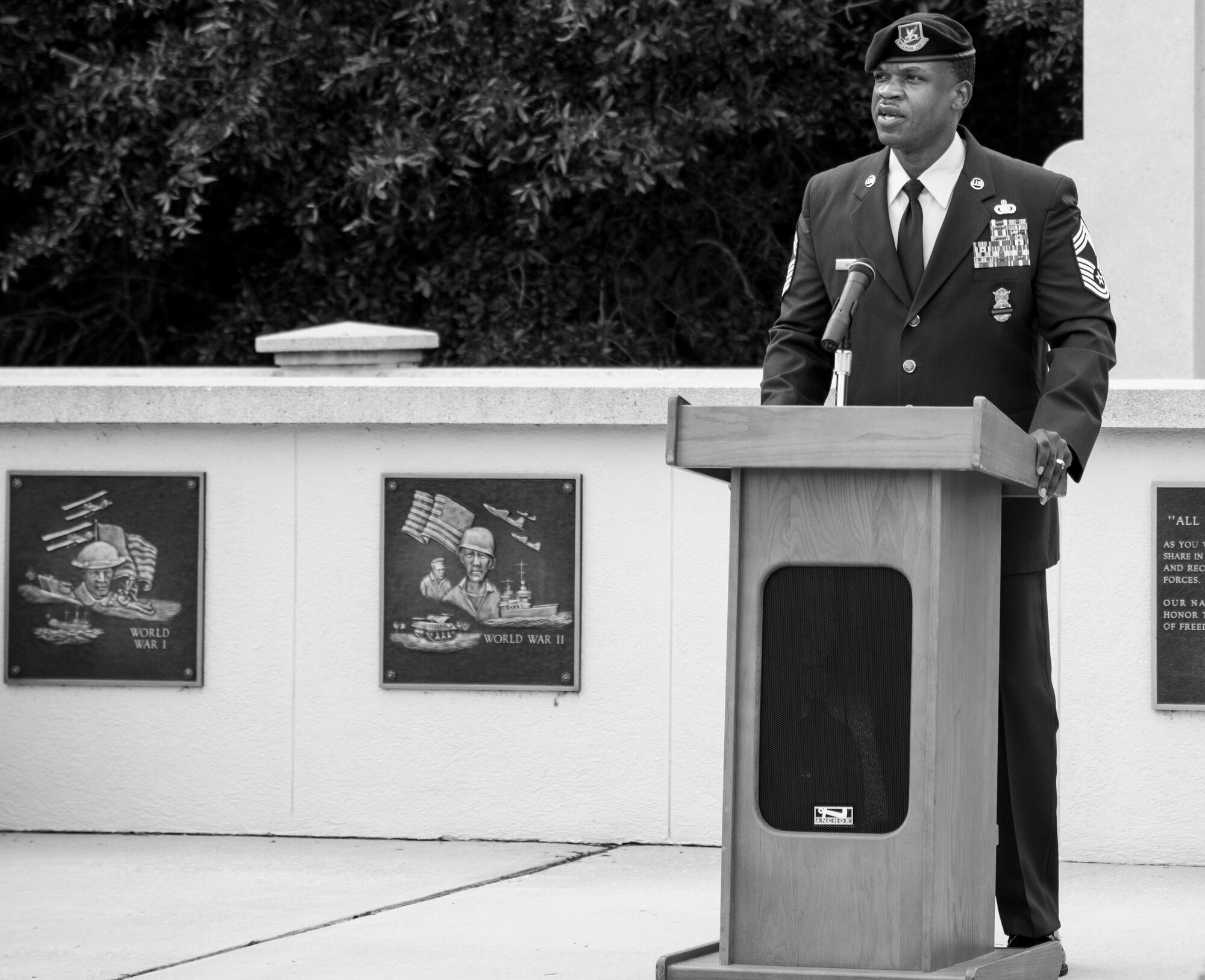 Chief Master Sgt. Mario White, 96th Security Forces Squadron, speaks to the Airmen attending the opening ceremony of Police Week at Eglin Air Force Base, Fla., May 15.  The ceremony was a gathering of security forces personnel for a formation and reveille ceremony performed at the All Wars Memorial.  Police Week activities will happen throughout the week and will close with security forces Airmen performing a retreat ceremony at Bldg. 1.  (U.S. Air Force photo/Samuel King Jr.)
