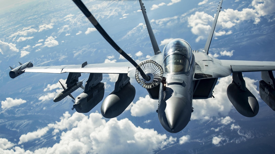 An EA-18G Growler participates in an air-to-air refueling during exercise Northern Edge 17 at Joint Base Elmendorf-Richardson, Alaska, May 12, 2017. Northern Edge, Alaska’s premier joint-training exercise, aims to strengthen the interoperability between various aircraft from all services. Marine Corps photo by Lance Cpl. Jacob A. Farbo