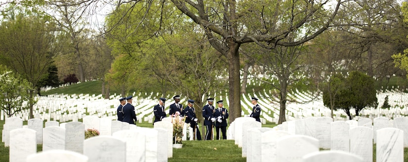 U.S. Air Force Honor Guard firing party prepare for a funeral service at Arlington National Cemetery in Arlington, Va., April 13, 2017. The firing party gives honors to fallen Airmen buried at the cemetery. (U.S. Air Force photo by Senior Airman Philip Bryant)