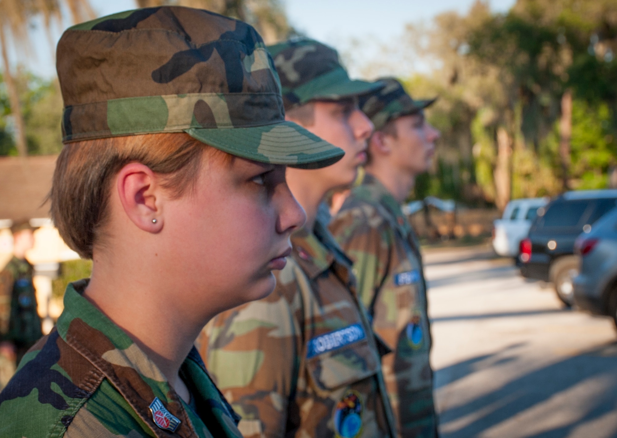 Civil Air Patrol General Chuck Yeager Cadet Squadron cadets stand at attention in formation during a practice drill session in Brandon, Fla., May 8, 2017. The General Chuck Yeager Cadet Squadron consists of 49 cadets and 20 senior members, which consists of former military, actively serving military and civilians. (U.S. Air Force by Airman 1st Class Mariette Adams)