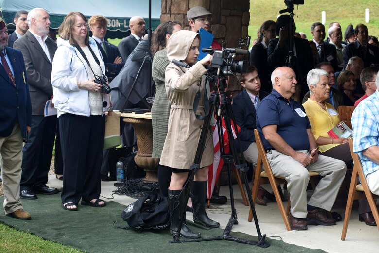 Family descendants and media observe the reinterment of Revolutionary War Private Samuel Howard May 12, 2017 at Resthaven Cemetery in Baxter, Ky. The U.S. Army Corps of Engineers Nashville District worked with local community and state officials to move Howard from Wix-Howard Cemetery when his grave was endangered by soil movement from a design deficiency of a flood control project completed in the 1990s.