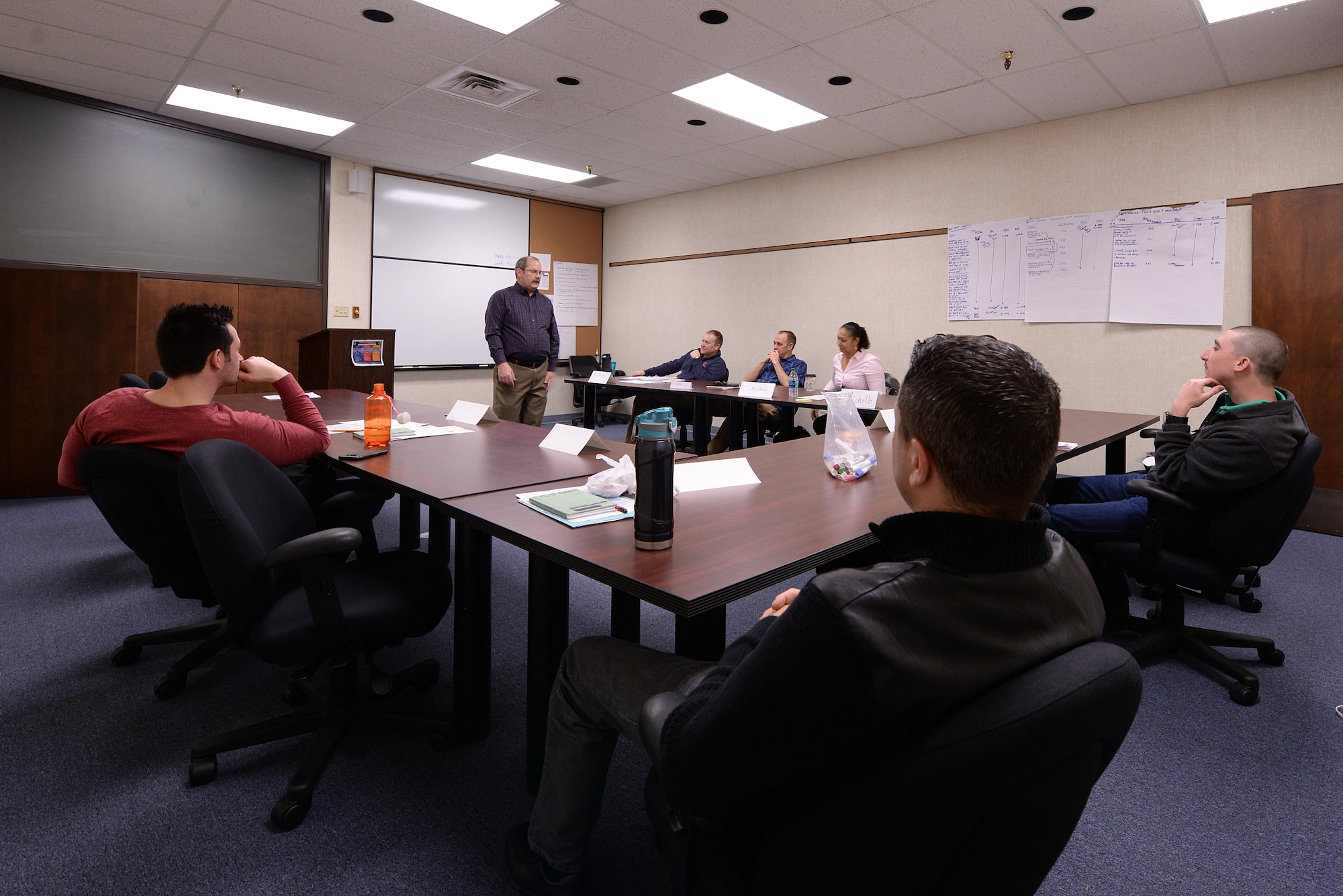 Jeff Lee, 97th Wing Staff Agency chief of commander’s transformation and innovation office, goes over the fundamentals to solving a problem in the workplace, February 17, 2017, at Altus Air Force Base, Oklahoma. Continuous Process Improvement lessons give the participants the tools on how to identify and solve problems that are present in the workspace to increase productivity. (U.S. Air Force photo by Airman 1st Class Cody Dowell/released)