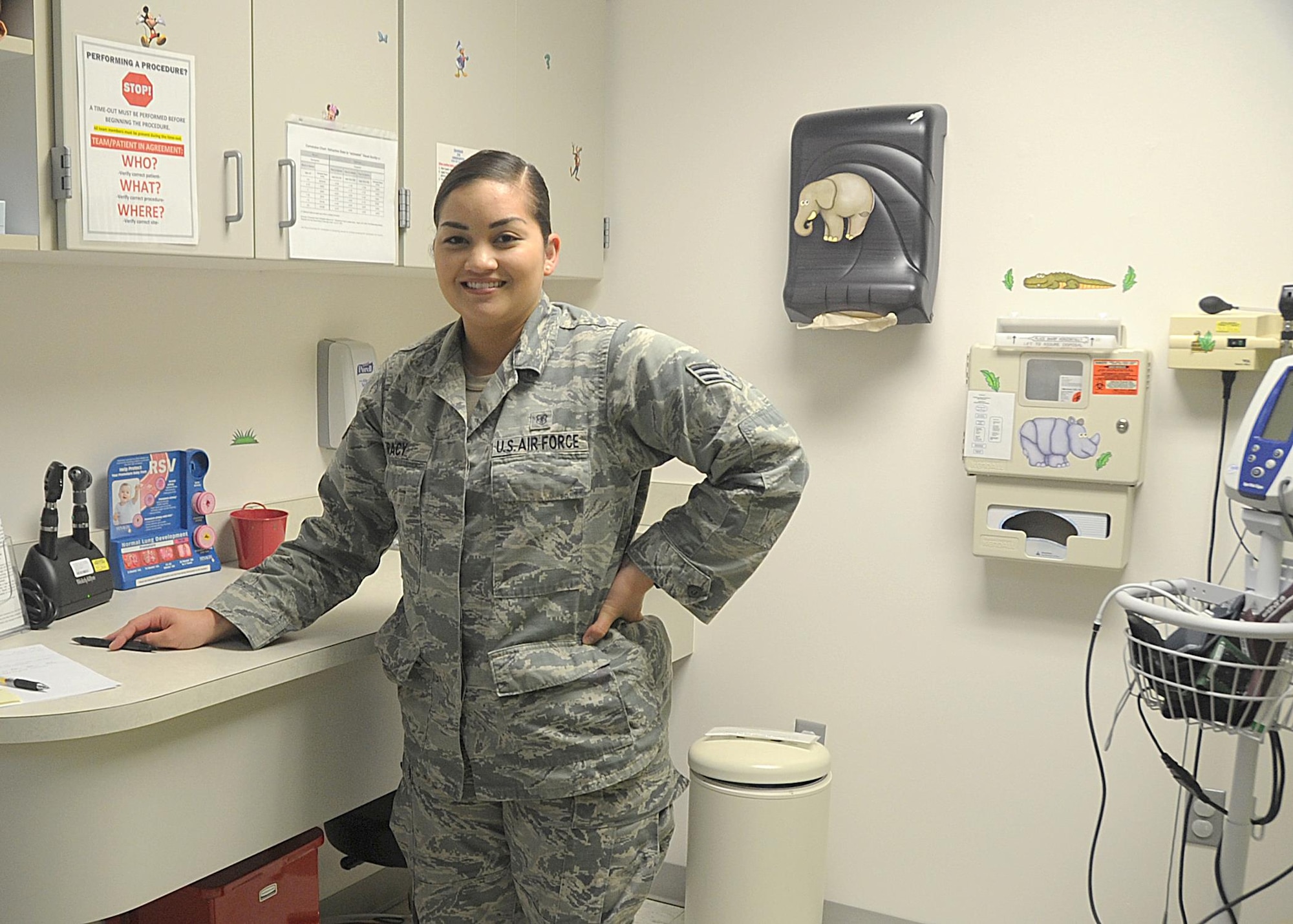 U.S. Air Force Senior Airman Catherine Tracy, 325th Medical Operations Squadron aerospace medical technician, was highlighted during National Nurse and Medical Technician Week with an environmental portrait in her work center at Tyndall Air Force Base, Fla., May 5, 2017. Tracy is one of the many Airmen that were recognized for Nurse and Medical Technician Week May 6 to May 12. (U.S. Air Force photo by Airman 1st Class Delaney Rose/Released)