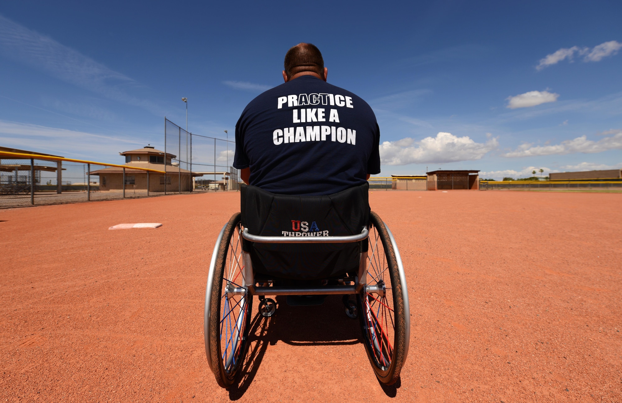 Scott Winkler, 2017 Paralympian competitor, prepares for training May 10, 2017, at Luke Air Force Base, Ariz. Winkler is a Paralympian competitor in the shotput and discus. (U.S. Air Force photo by Airman 1st Class Alexander Cook)