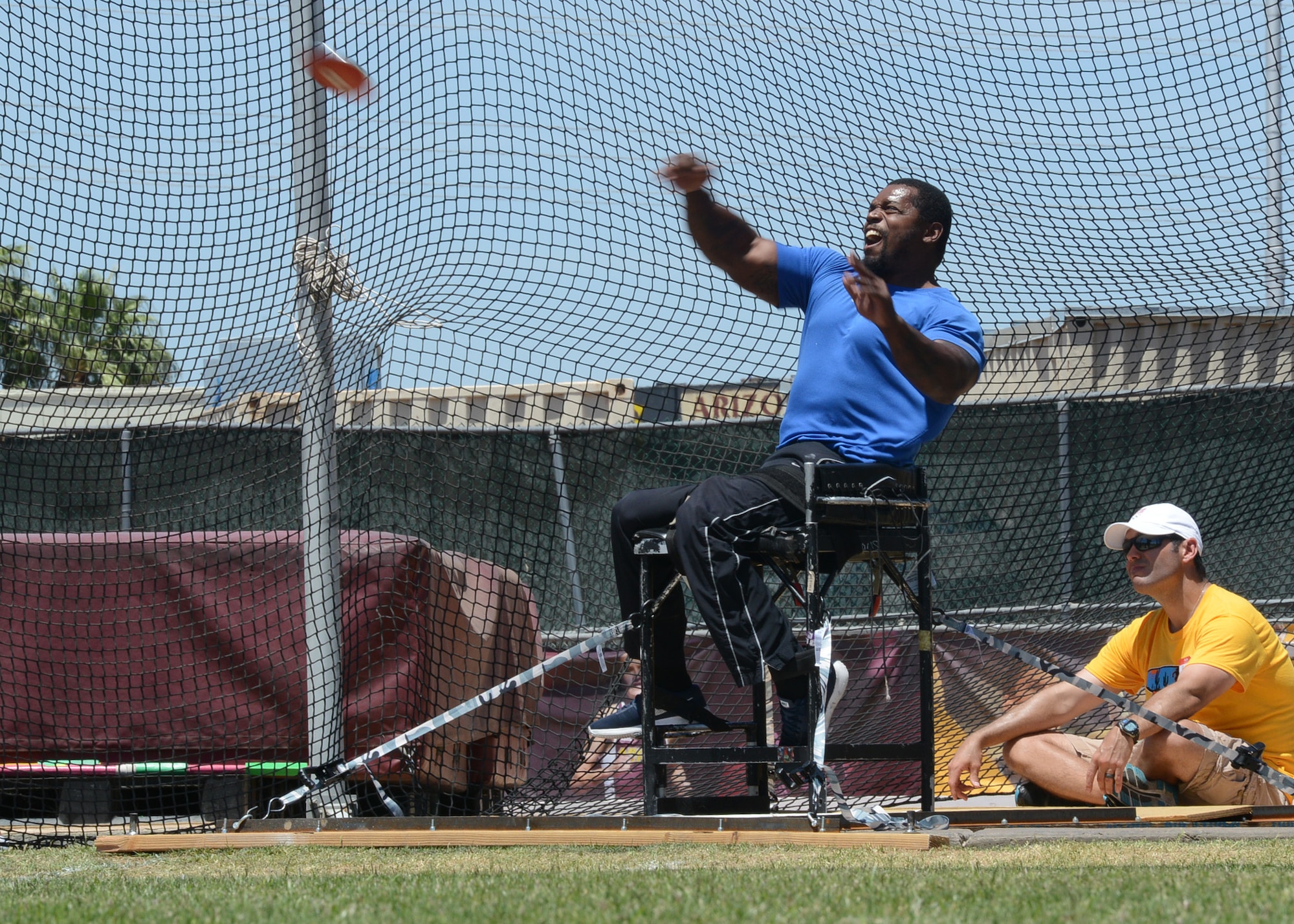 Retired U.S. Army soldier Johnnie Williams, throws a discus during the Desert Challenge Game May 12, 2017, at Arizona State University, in Tempe, Ariz. The games included discus throw, shot put, javelin toss and more. (U.S. Air Force photo by Senior Airman James Hensley)