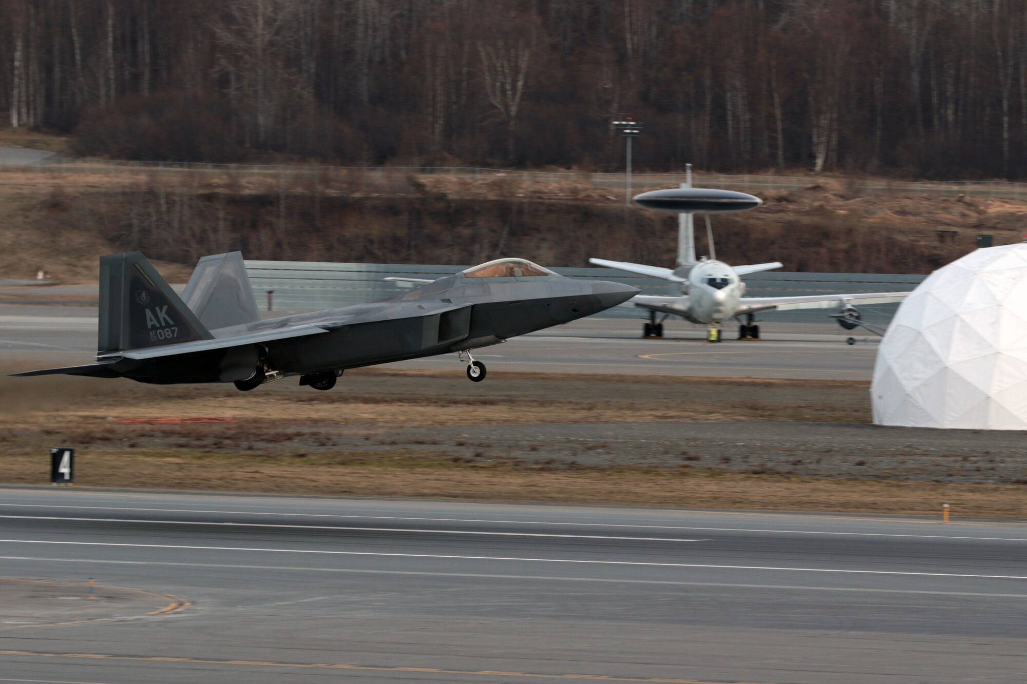 JOINT BASE ELMENDORF-RICHARDSON, Alaska -- An Air Force 3rd Wing F-22 Raptor based here takes off on the first day of Exercise Northern Edge 17. Northern Edge is a biennial joint training exercise involving approximately 6,000 personnel, that dates to 1975.