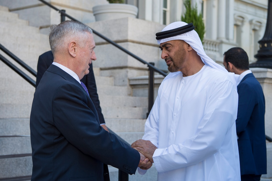 Defense Secretary Jim Mattis meets with United Arab Emirates Crown Prince Mohammed bin Zayed al Nahyan in Washington, D.C., May 15, 2017. DoD photo by Air Force Tech. Sgt. Brigitte N. Brantley