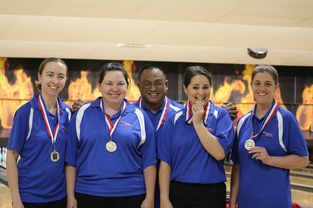 Air Force Women win the 2017 Armed Forces Women's Team Gold at the Armed Forces Bowling Championship hosted at Marine Corps Base Camp Pendleton, California from 5-8 May at the Leatherneck Lanes. Pictured here is:  Capt Danielle Crowder, Little Rock AFB, Ark.; Senior Master Sgt. Victoria Bartos, Kadena AB, Japan; TSgt Natasha Sanchez, Travis AFB, Calif. Tech. Sgt. Lisa Yanez, Nellis AFB, Nevada.