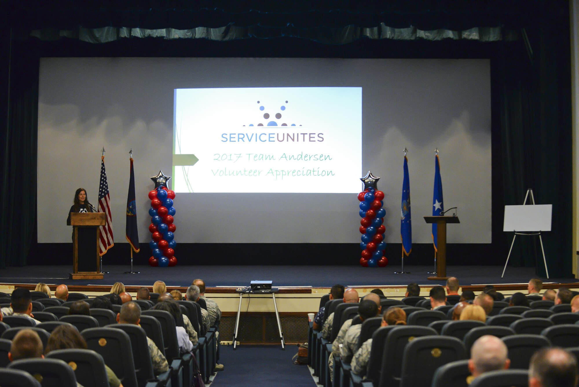 Alison Hadley, executive director at Guam Animals In Need (GAIN), speaks at the Service Unites volunteer appreciation ceremony, April 26, 2017, at Andersen Air Force Base, Guam. During the ceremony, more than 300 Team Andersen members were recognized for volunteering more than 33,000 hours in 2016. (U.S. Air Force photo by Airman 1st Class Christopher Quail) 