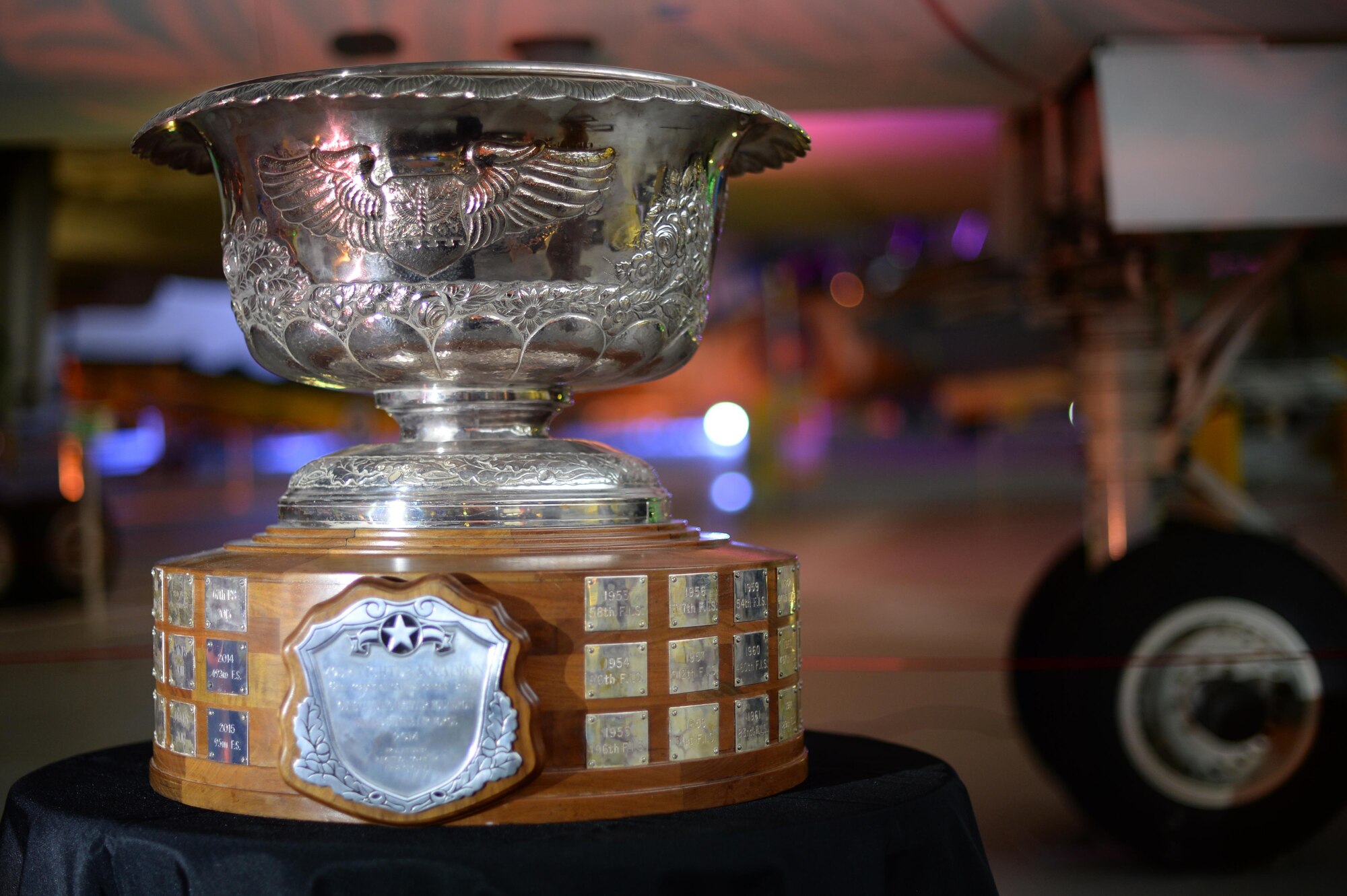 The Raytheon trophy was presented to the 493rd Fighter Squadron during a celebration at the Duxford Imperial War Museum, England, May 13. The 493rd FS received the trophy as the U.S. Air Force’s top fighter squadron, and previously won the award in 1997, 1999, 2007 and 2014. (U.S. Air Force photo by Staff Sgt. Emerson Nuñez)