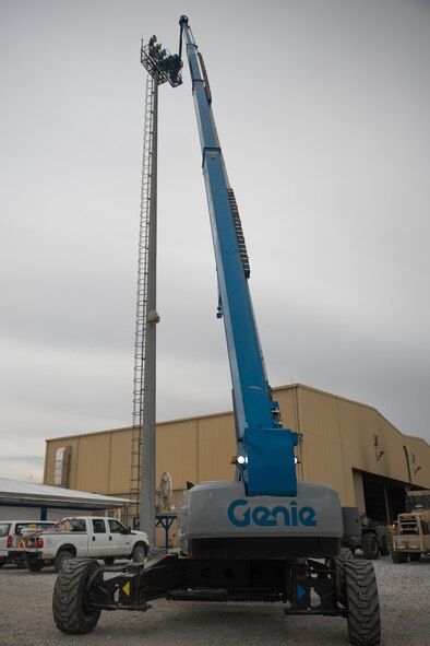 Airmen from the 455th Expeditionary Civil Engineer Squadron replace airfield lights at Bagram Airfield, Afghanistan, May 12, 2017. The lights were replaced to help personnel driving vehicles, preventing them from hitting people, aircraft or other vehicles during hours of darkness. (U.S. Air Force photo by Staff Sgt. Benjamin Gonsier)