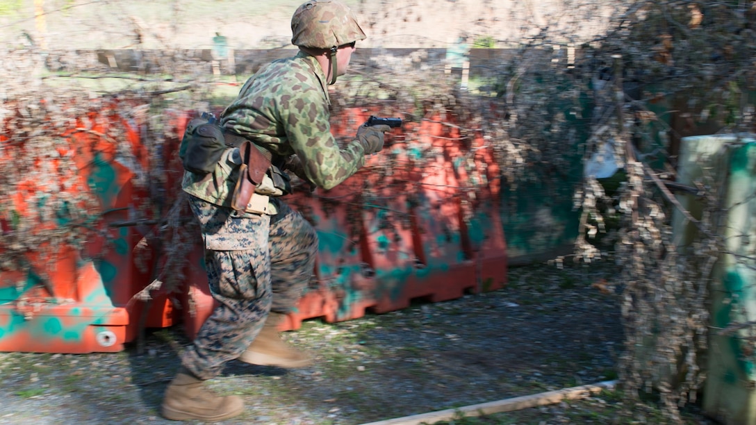 U.S. Marine Corps Sgt. Kyle Mascucci, a competition shooter, rushes to the next obstacle during the Marine Corps Championships at Marine Corps Base Quantico, Virginia. May 10, 2017. Each year, the Marine Corps Shooting Team hosts the championship matches for medalists from each Marine Corps Markmanship Competition site to compete in individual and team matches. 