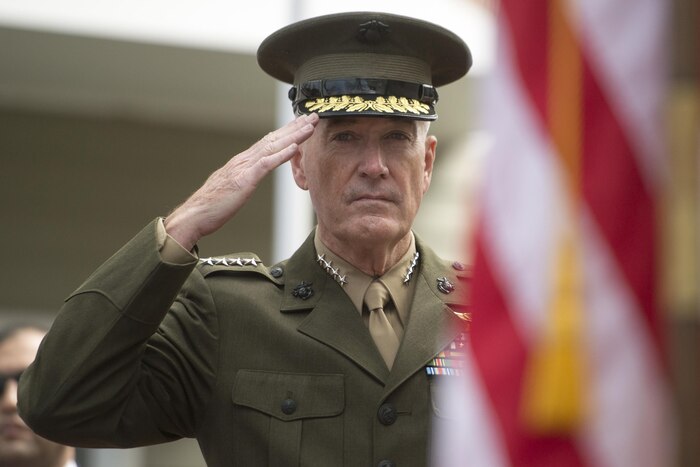 Marine Corps Gen. Joe Dunford, chairman of the Joint Chiefs of Staff, renders honors during the 30th Annual Vietnam Remembrance and Wreath Laying Ceremony held at the Vietnam Veterans Memorial Clock Tower in Quincy, Mass., April 27, 2017. Each year, the names of the 48 Quincy residents who died during the Vietnam War are read during a memorial roll call at the clock tower. DoD photo by Navy Petty Officer 2nd Class Dominique A. Pineiro