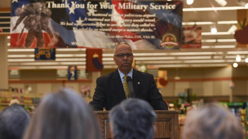 Boyd Rutherford, Maryland lieutenant governor, speaks to an audience at Joint Base Andrews, Md., May 12, 2017. The JBA Defense Agency Commissary celebrated the donation of its 30,000th pound of food since 2015 as part of Mission Nutrition to the Community Support Systems Baden Food Pantry. (U.S. Air Force photo by Airman 1st Class Rustie Kramer)