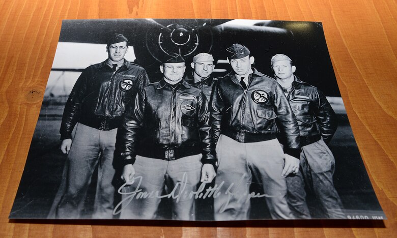 A photo of Gen. James Harold “Jimmy” Doolittle, American aviation pioneer and retired lieutenant general in the U.S. Army Air Corps, and his crew who formed part of the “Doolittle Raiders,” sits on a table at the 95th Reconnaissance Squadron Heritage Hub after being signed by Jonna Doolittle Hoppes, Doolittle’s granddaughter, May 12, 2017, on RAF Mildenhall, England. While at RAF Mildenhall, Doolittle Hoppes shared that when Spencer Tracy was asked to play the role of her grandfather in the movie “Thirty Seconds over Tokyo,” the first thing he said was “I’ll let you know…” then proceeded to call Jimmy Doolittle himself to ask his permission to play the role. (U.S. Air Force photo by Karen Abeyasekere)