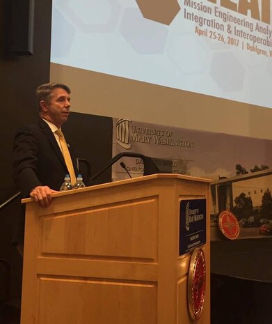 DAHLGREN, Va. (April 25, 2017) - Rep. Rob Wittman, R-Va., tells Navy scientists and engineers that their innovative ideas - and ability to get new technologies and systems operational in the Fleet quickly - will be leveraged to the nation’s advantage. “Keep the ideas coming and let’s find a way to get them to the Fleet faster,” said Wittman who chairs the Seapower and Projection Forces Subcommittee of the House Armed Services Committee. “We can bring innovation creation in a faster manner to our men and women out there in the front lines, and we can do things less expensively.” More than two dozen speakers, including the congressman, spoke at the conference on Mission Engineering & Analysis, and Integration & Interoperability, sponsored by the American Society of Naval Engineers and Naval Surface Warfare Center Dahlgren Division.  (Courtesy photo/Released)