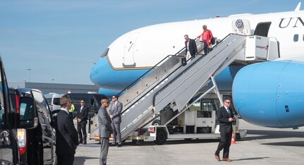 U.S. Marine Corps Gen. Joseph F. Dunford, Jr., chairman of the Joint Chiefs of Staff, and his wife, Mrs. Ellyn Dunford, arrive in Brussels, Belgium to attend a North Atlantic Treaty Organization (NATO) Military Committee in Chiefs of Defense (MC/CS) Session at NATO Headquarters, May 16, 2017. The Chiefs of Defense meet to discuss NATO operations and missions to provide the North Atlantic Council with consensus-based military advice on how to best meet global security challenges. 