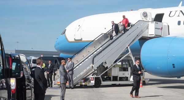 U.S. Marine Corps Gen. Joseph F. Dunford, Jr., chairman of the Joint Chiefs of Staff, and his wife, Mrs. Ellyn Dunford, arrive in Brussels, Belgium to attend a North Atlantic Treaty Organization (NATO) Military Committee in Chiefs of Defense (MC/CS) Session at NATO Headquarters, May 16, 2017. The Chiefs of Defense meet to discuss NATO operations and missions to provide the North Atlantic Council with consensus-based military advice on how to best meet global security challenges. 